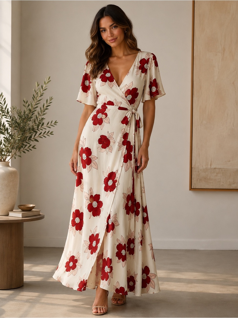 Cream Maxi Wrap Dress with Red Floral Print